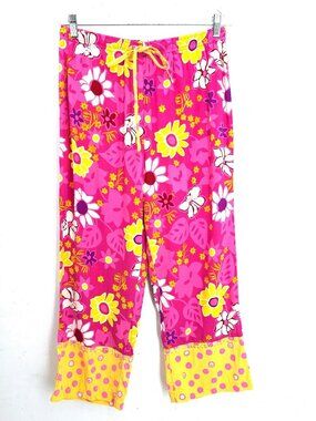 VTG Bamboo Traders 100% Silk Pink Yellow Floral Wide Leg Sequin Pants Women L